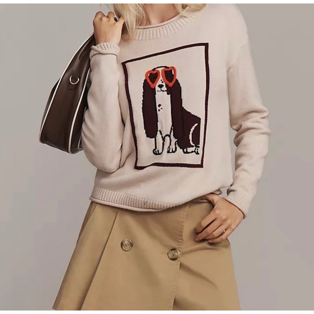 Anthropologie‎ Flat White Dog Heart Sunglasses Intarsia Sweater Knit Beige Small